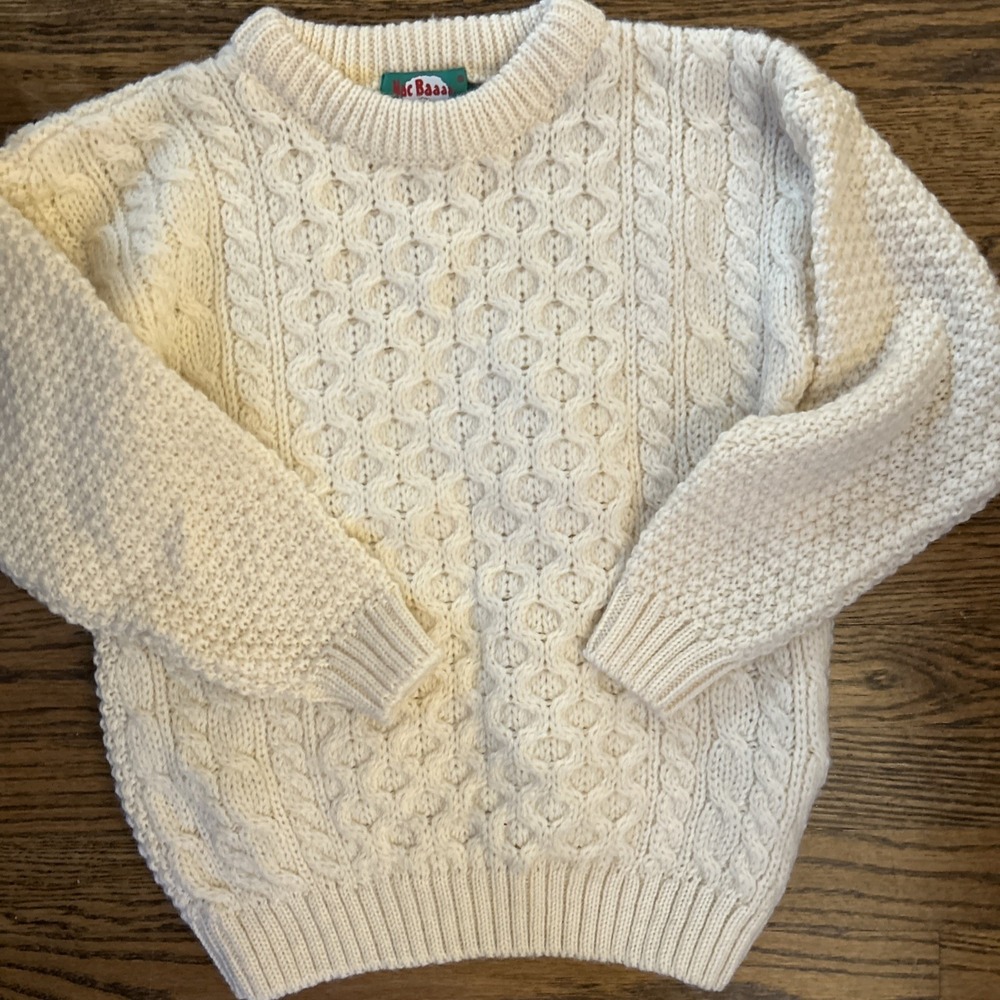 MacBaaa Scottish Child's 7/8 Pure New Wool Cream Cable Knit Crew Neck Sweater EC